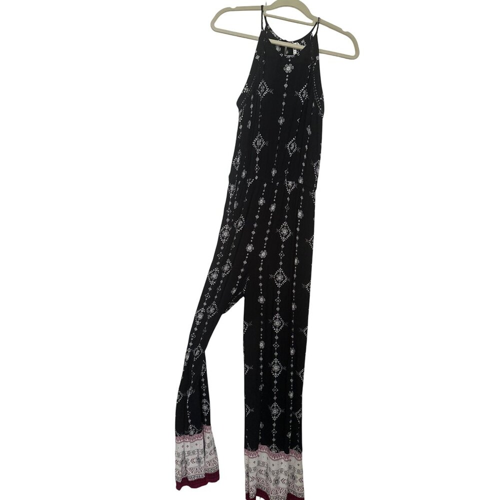 Black & White Printed Halter Neck Jumpsuit With Keyhole Back & Wide Leg Design M
